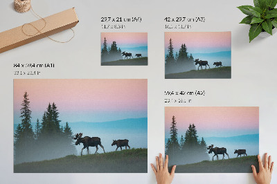 Stijlvolle wandposter Elk in de ochtend tegen de achtergrond van mist en bomen