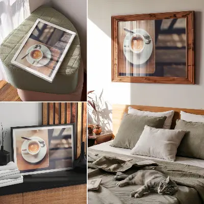 Moderne decoratieve poster een kopje espresso op een houten tafel met contrast