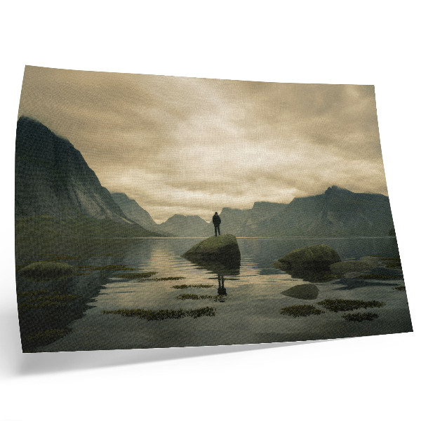 Stijlvolle wandposter Bergen, meer, mens, vrede, harmonie van de natuur