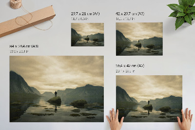 Stijlvolle wandposter Bergen, meer, mens, vrede, harmonie van de natuur