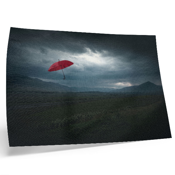 Moderne decoratieve poster Rode paraplu, donkere wolken, berglandschap