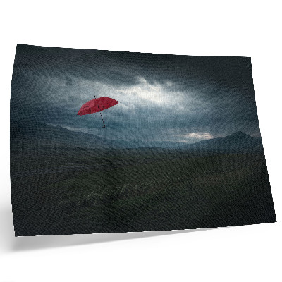 Moderne decoratieve poster Rode paraplu, donkere wolken, berglandschap