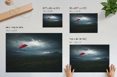 Moderne decoratieve poster Rode paraplu, donkere wolken, berglandschap