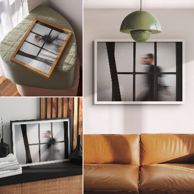 Poster Zwart silhouet achter een glazen frame, grijs minimalisme