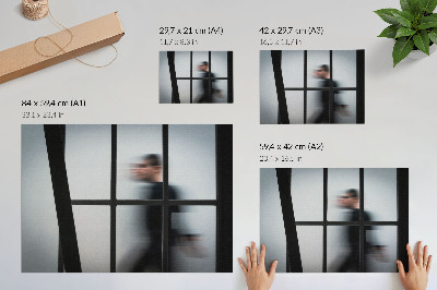 Poster Zwart silhouet achter een glazen frame, grijs minimalisme