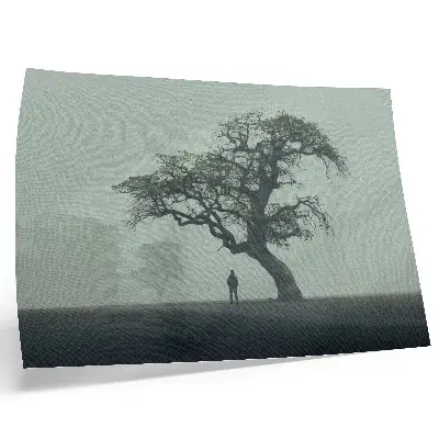 Moderne decoratieve poster met een eenzame boom in de mist en een donker silhouet