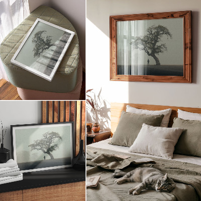 Moderne decoratieve poster Eenzame boom, mist, donker silhouet, atmosfeer