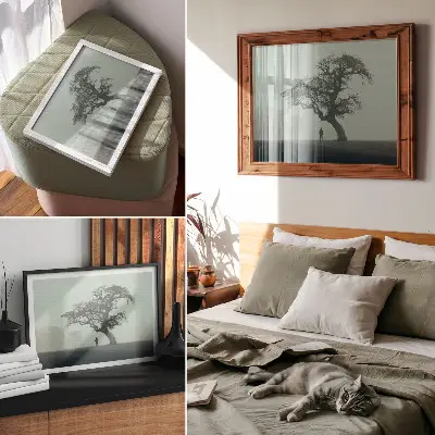 Moderne decoratieve poster met een eenzame boom in de mist en een donker silhouet