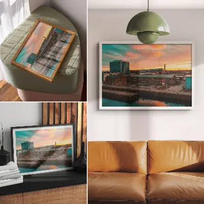 Poster industriële gebouwen bij een vredige zonsondergang