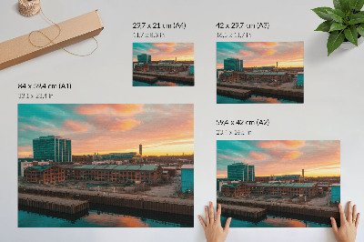 Poster Industriële gebouwen, zonsondergang, vredige sfeer