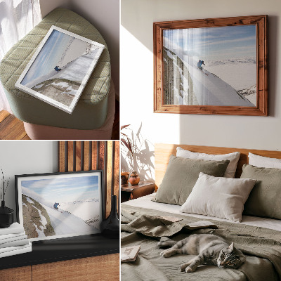 Moderne decoratieve poster Skiër, witte bergtoppen, blauwe lucht, harmonie