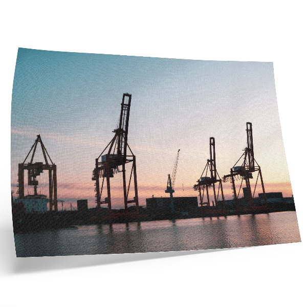 Moderne decoratieve poster Kraanwagens in de haven bij zonsondergang