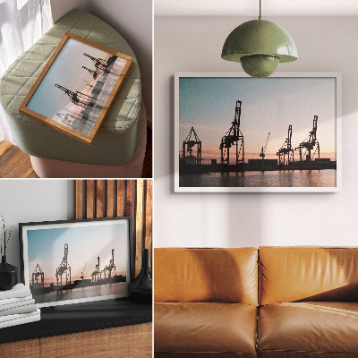 Moderne decoratieve poster Kraanwagens in de haven bij zonsondergang