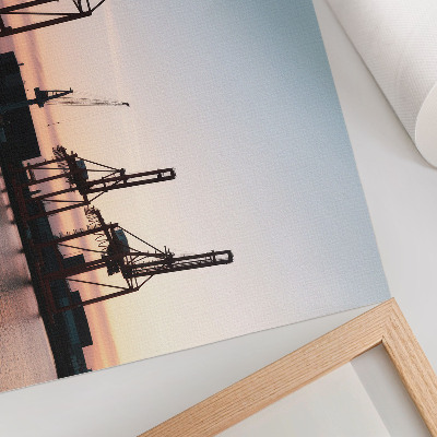 Moderne decoratieve poster Kraanwagens in de haven bij zonsondergang