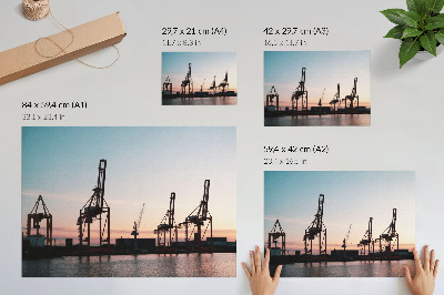 Moderne decoratieve poster Kraanwagens in de haven bij zonsondergang