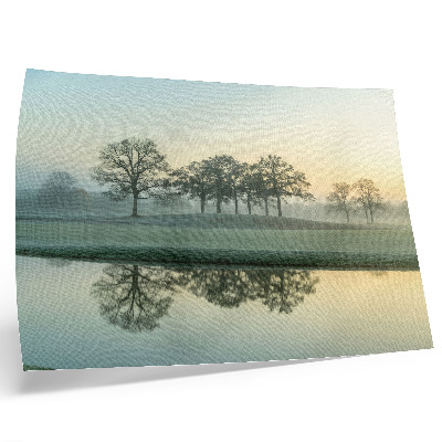 Moderne decoratieve poster Rustig wateroppervlak, weerspiegeling van bomen, zachte mist
