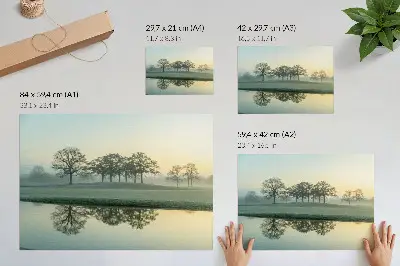 Moderne decoratieve poster rustig wateroppervlak met weerspiegeling van bomen en zachte mist