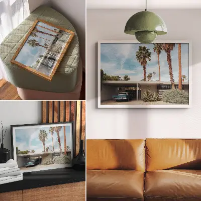Stijlvolle wandposter met exotische palmbomen, een modernistisch huis en een klassieke auto