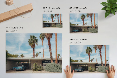 Stijlvolle wandposter Exotische palmbomen modernistisch huis klassieke auto