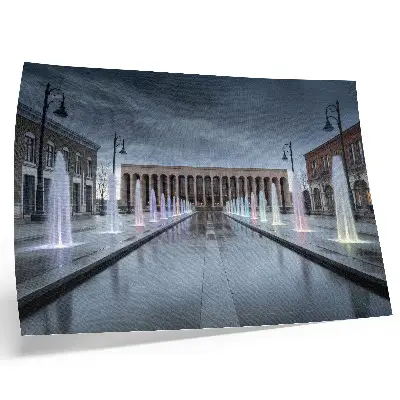 Decoratieve poster met fonteinen en moderne architecturale verlichting