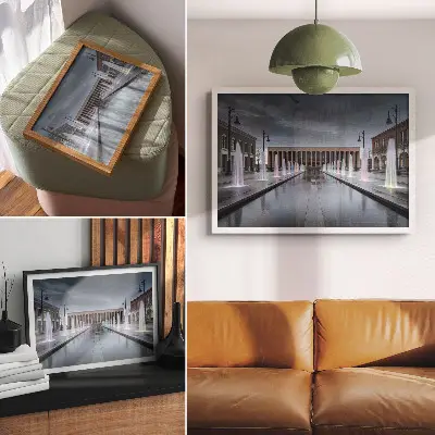 Decoratieve poster met fonteinen en moderne architecturale verlichting