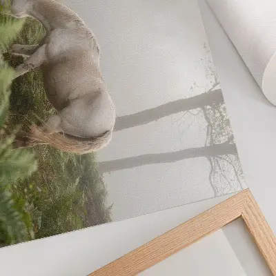 Stijlvolle wandposter paard in een mistig bos met varens