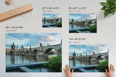 Moderne decoratieve poster Brug over de rivier, historische architectuur, vrede