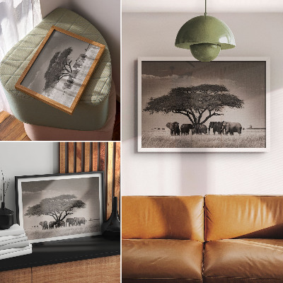Moderne decoratieve poster Olifanten onder een boom in de Afrikaanse savanne.