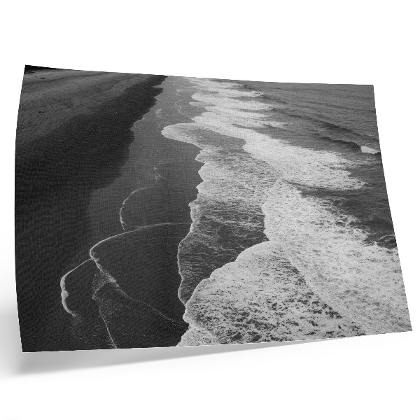 Moderne decoratieve poster Zwart-witte golven, zacht zand, rustig strand