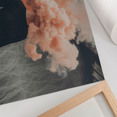 Moderne decoratieve poster Een personage met een wolk oranje rook in plaats van een hoofd.