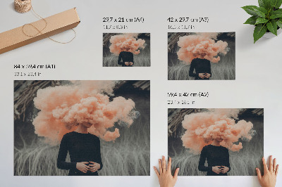 Moderne decoratieve poster Een personage met een wolk oranje rook in plaats van een hoofd.