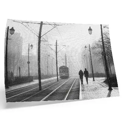 Poster tram met straatverlichting in stedelijke sfeer