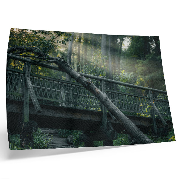 Stijlvolle wandposter Een houten brug te midden van groen en zonlicht.