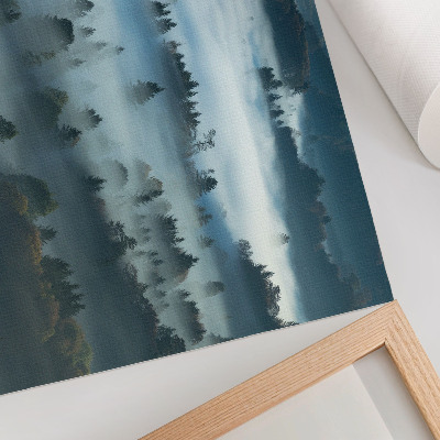 Poster Groene bomen in de mist, een vredige atmosfeer, ingetogen kleuren.