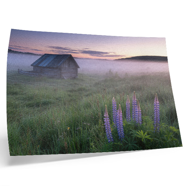 Poster Houten huisje, pittoresk, mist, bloemen, natuur