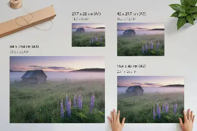 Poster pittoresk houten huisje in de mist tussen de bloemen in de natuur