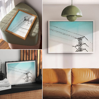 Poster Vogels op elektriciteitskabels, blauwe lucht