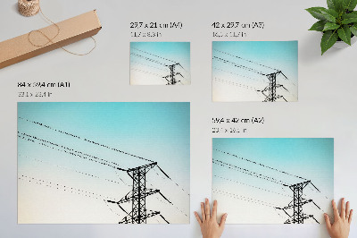 Poster Vogels op elektriciteitskabels, blauwe lucht