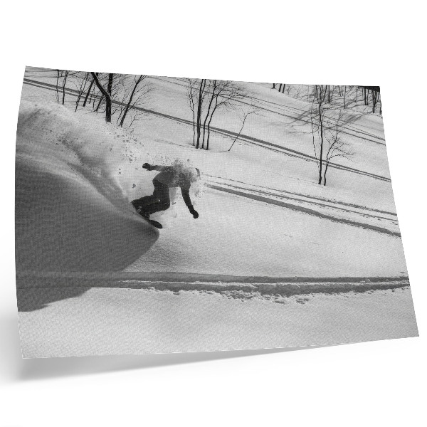 Stijlvolle wandposter Snowboarder in actie, sneeuw, bomen, contrasten