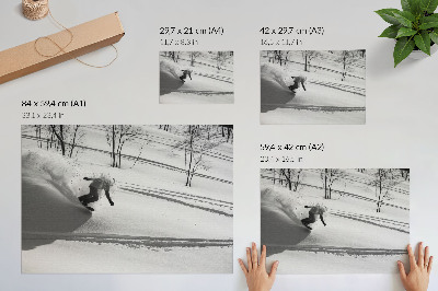 Stijlvolle wandposter Snowboarder in actie, sneeuw, bomen, contrasten