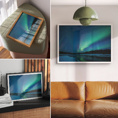 Moderne decoratieve poster Noorderlicht boven een bevroren meer 's nachts