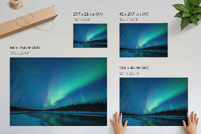 Moderne decoratieve poster Noorderlicht boven een bevroren meer 's nachts