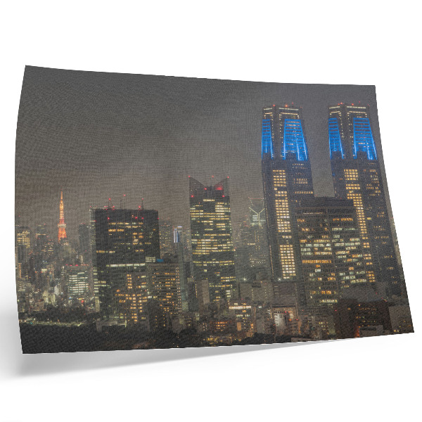 Poster Wolkenkrabbers verlicht 's nachts, moderne gebouwen in de stad