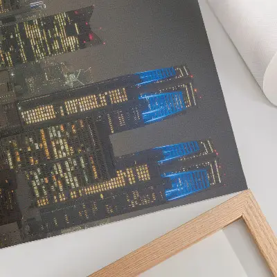 Poster wolkenkrabbers verlicht 's nachts met moderne stadsgebouwen