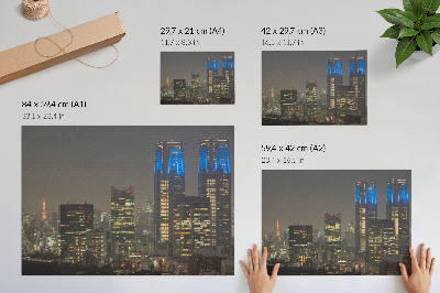 Poster Wolkenkrabbers verlicht 's nachts, moderne gebouwen in de stad