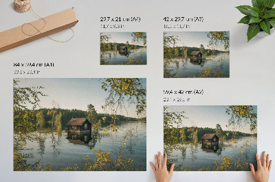 Stijlvolle wandposter Huisje aan het meer met uitzicht op de weerspiegeling van het boswater, rust