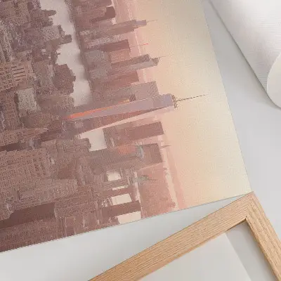 Poster hoge wolkenkrabbers bij zonsondergang in warme kleuren