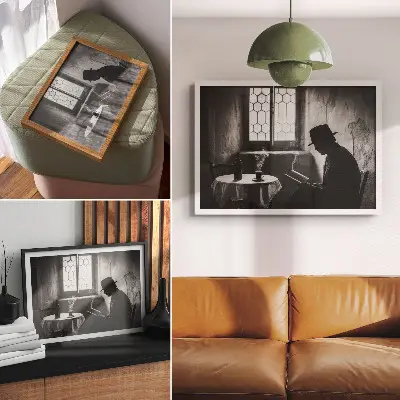 Stijlvolle wandposter zwart-wit sfeer van een man met een boek in klassieke stijl