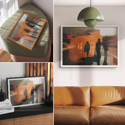 Moderne decoratieve poster De stad in de avond, met neonoranje reflecties.