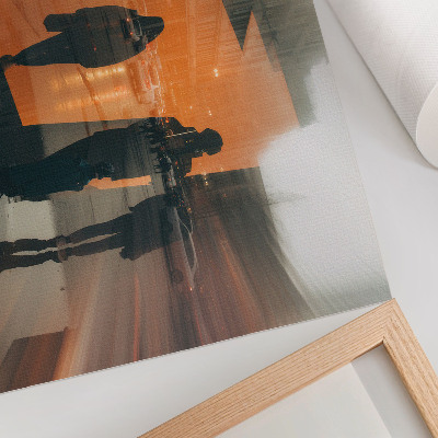 Moderne decoratieve poster De stad in de avond, met neonoranje reflecties.
